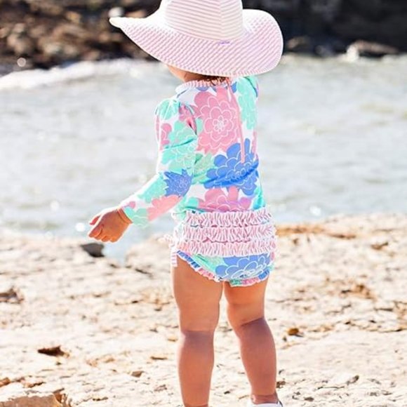 RuffleButts® Baby/Toddler Girls UPF 50+ Sun Protective Wide Brim Swimwea. - Picture 2 of 4